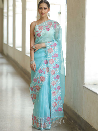 Light Blue Organza Silk Saree with Resham Floral Embroidery ClothsVilla
