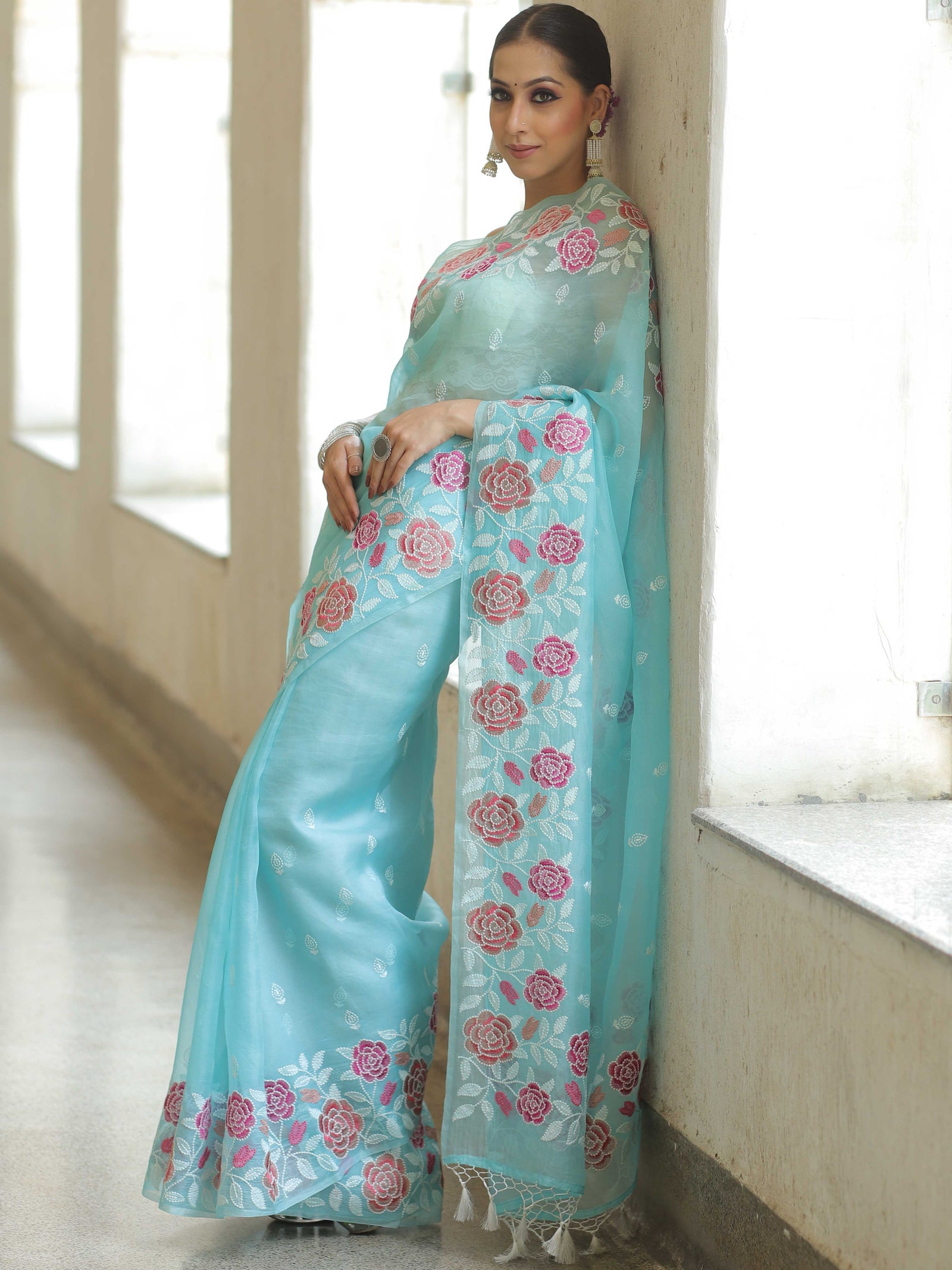 Light Blue Organza Silk Saree with Resham Floral Embroidery ClothsVilla