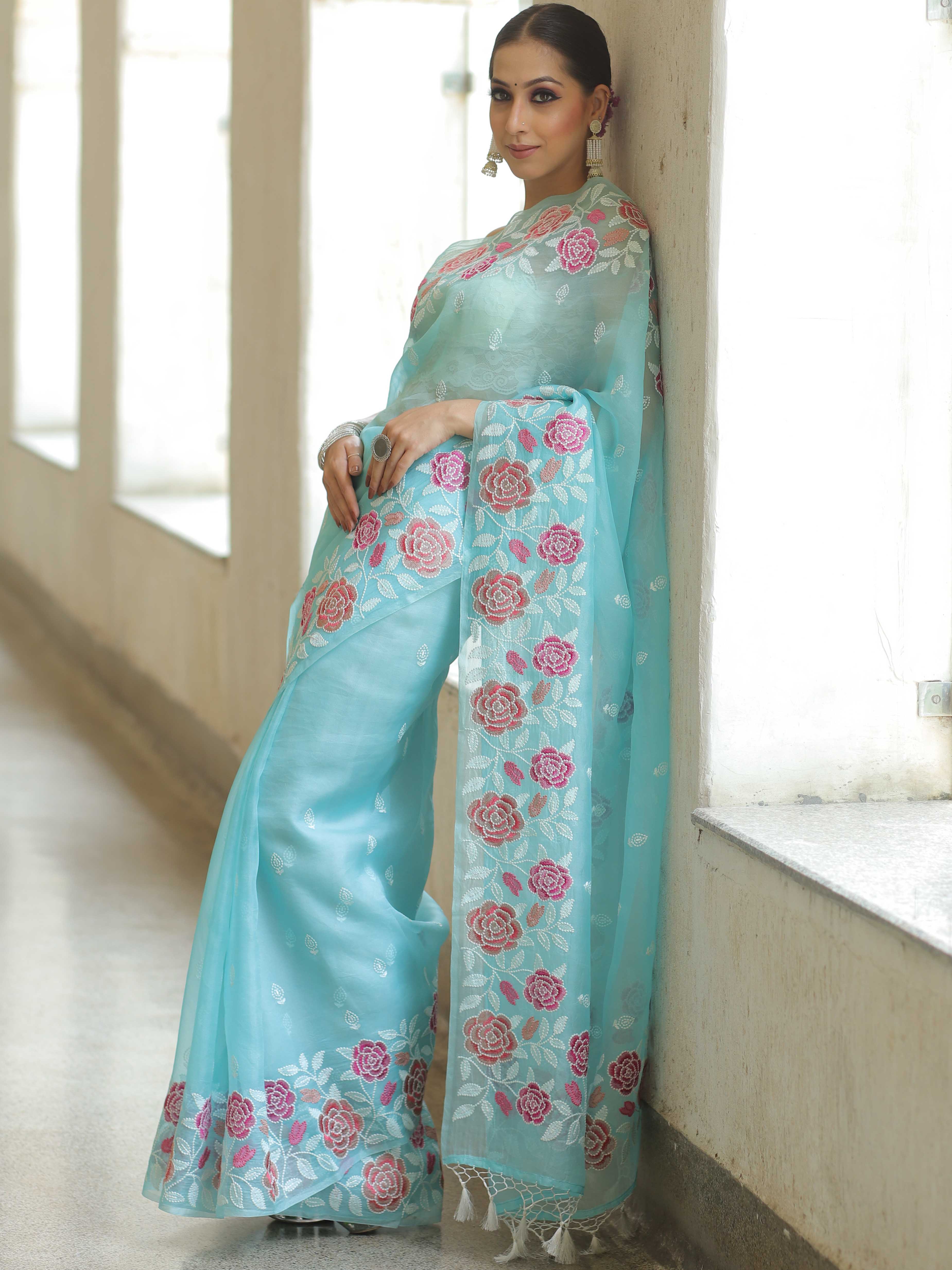 Light Blue Organza Silk Saree with Resham Floral Embroidery ClothsVilla
