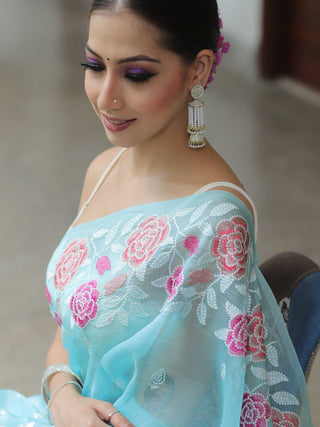 Light Blue Organza Silk Saree with Resham Floral Embroidery ClothsVilla