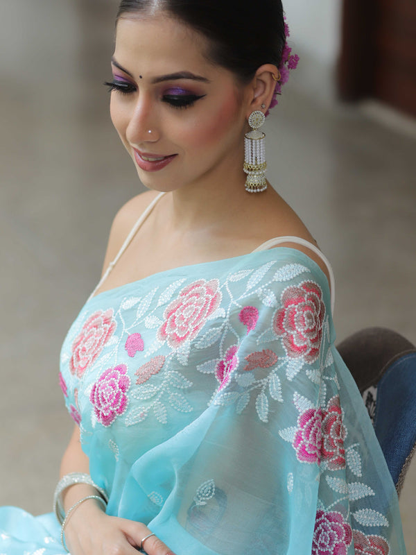 Light Blue Organza Silk Saree with Resham Floral Embroidery ClothsVilla