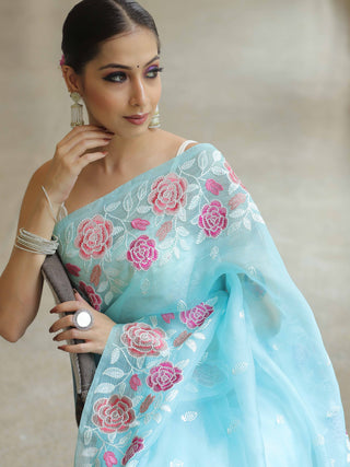 Light Blue Organza Silk Saree with Resham Floral Embroidery ClothsVilla