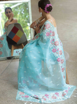 Light Blue Organza Silk Saree with Resham Floral Embroidery ClothsVilla