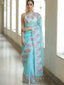 Light Blue Organza Silk Saree with Resham Floral Embroidery ClothsVilla