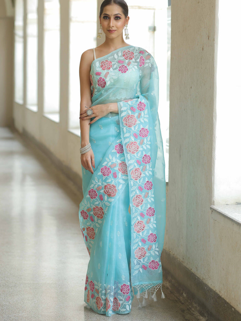 Light Blue Organza Silk Saree with Resham Floral Embroidery ClothsVilla