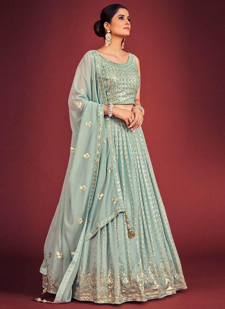 Light Blue Pakistani Georgette Lehenga Choli For Indian Festivals & Weddings - Sequence Embroidery Work, Mirror Work Clothsvilla