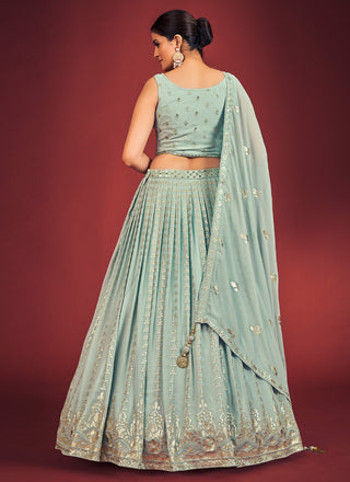 Light Blue Pakistani Georgette Lehenga Choli For Indian Festivals & Weddings - Sequence Embroidery Work, Mirror Work Clothsvilla