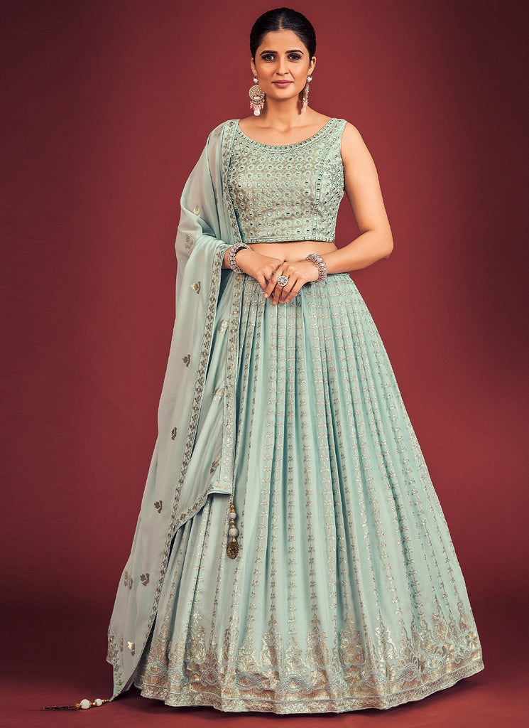Light Blue Pakistani Georgette Lehenga Choli For Indian Festivals & Weddings - Sequence Embroidery Work, Mirror Work Clothsvilla