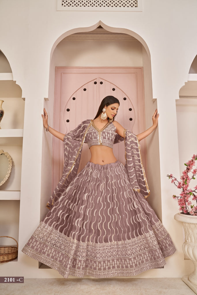 Light Brown Butterfly Net Lehenga with White Cotton Thread, Zari, and Sandwich Sequence Embroidery ClothsVilla