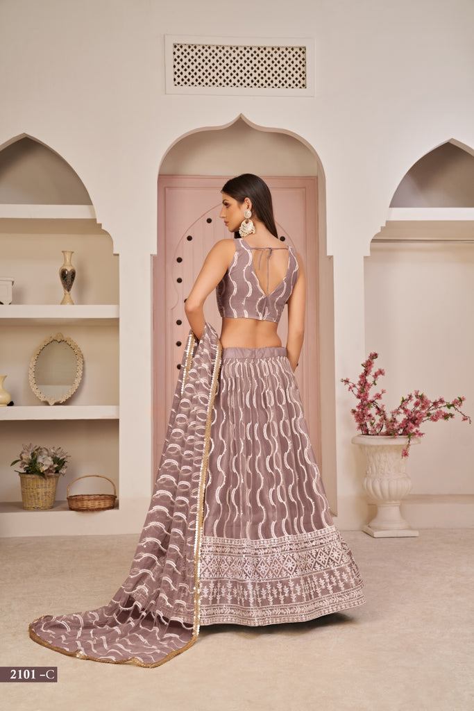 Light Brown Butterfly Net Lehenga with White Cotton Thread, Zari, and Sandwich Sequence Embroidery ClothsVilla