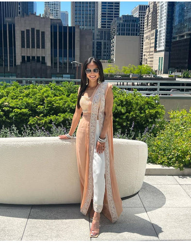 Light Brown Effortless Glam – Pre-Stitched Sequin Saree with Stitched Pant ClothsVilla