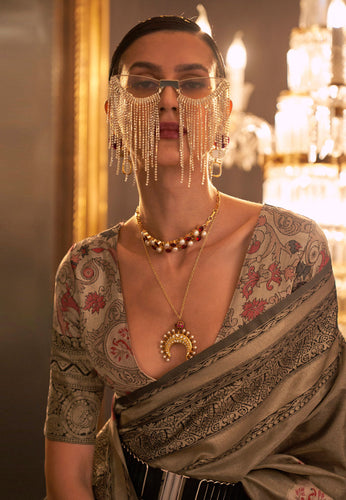 Light Brown Elegant Banarasi Silk Blend Saree with Woven Design & Tassel Detailing ClothsVilla