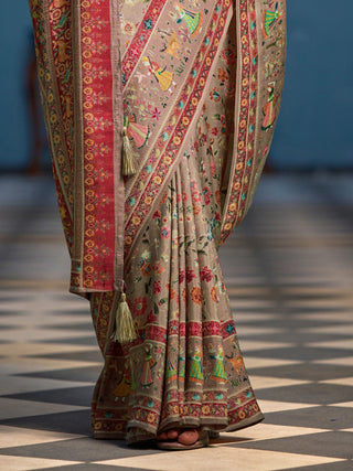 Light Brown Elegant Pashmina Kashmiri Jacquard Saree with Kalamkari & Meenakari Weaving ClothsVilla