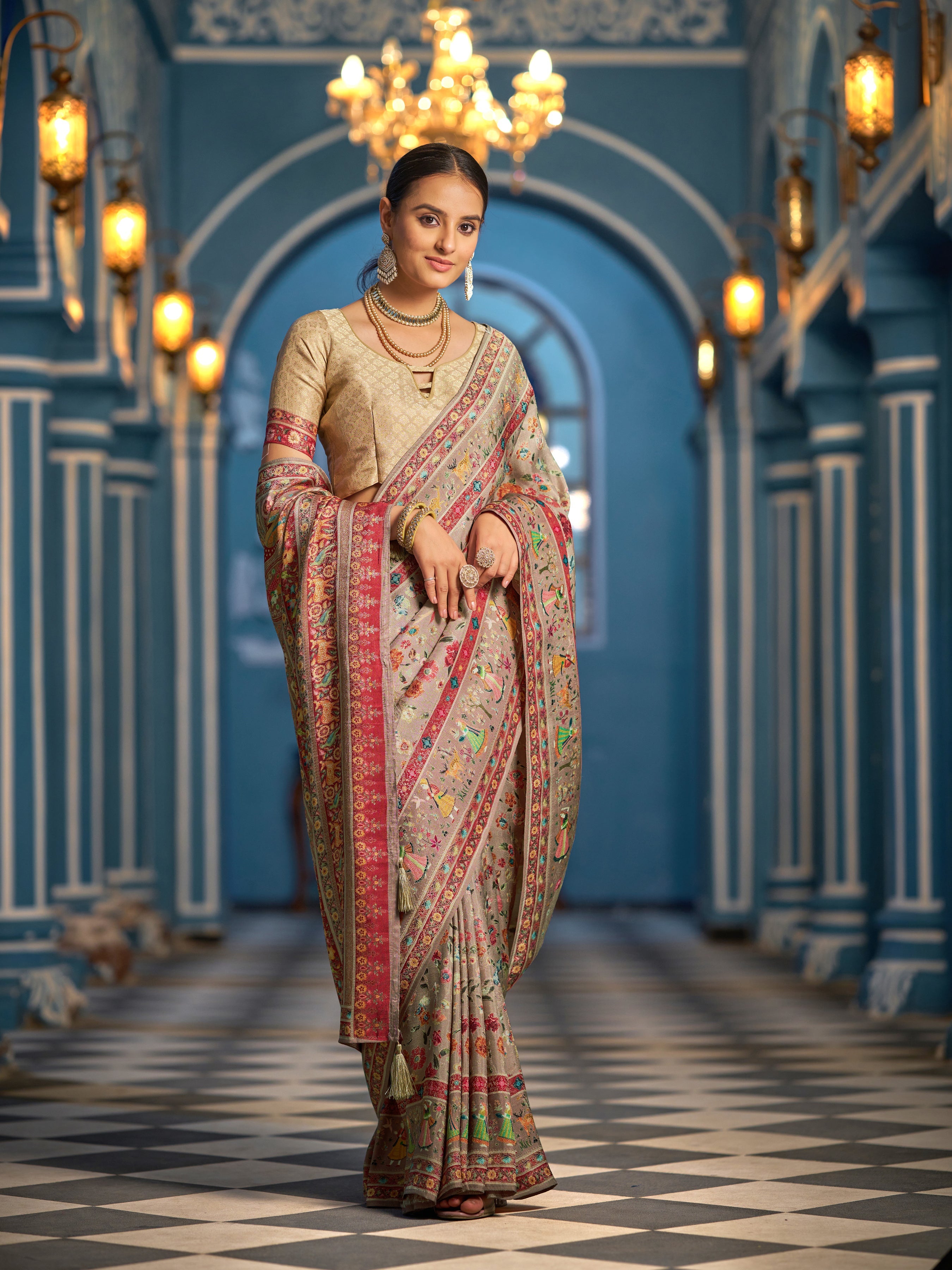 Light Brown Elegant Pashmina Kashmiri Jacquard Saree with Kalamkari & Meenakari Weaving ClothsVilla Main image