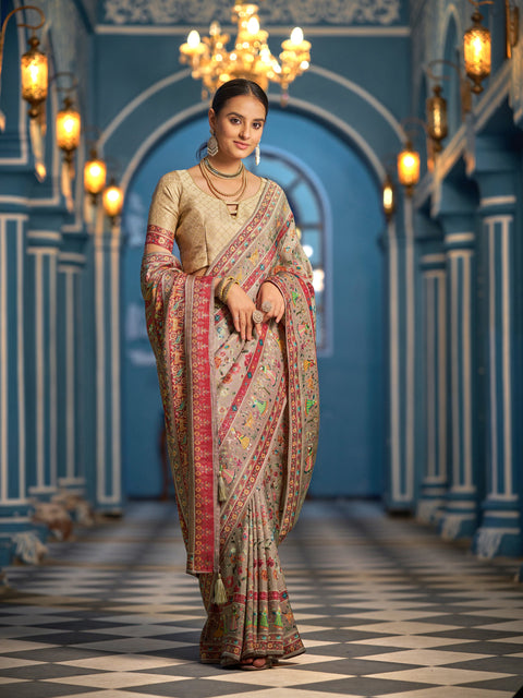 Light Brown Elegant Pashmina Kashmiri Jacquard Saree with Kalamkari & Meenakari Weaving ClothsVilla Main image
