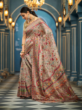 Light Brown Elegant Pashmina Kashmiri Jacquard Saree with Kalamkari & Meenakari Weaving ClothsVilla
