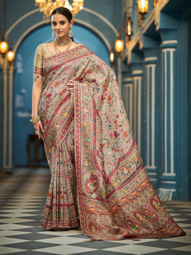 Light Brown Elegant Pashmina Kashmiri Jacquard Saree with Kalamkari & Meenakari Weaving ClothsVilla