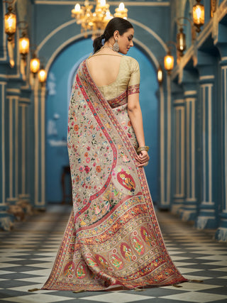 Light Brown Elegant Pashmina Kashmiri Jacquard Saree with Kalamkari & Meenakari Weaving ClothsVilla