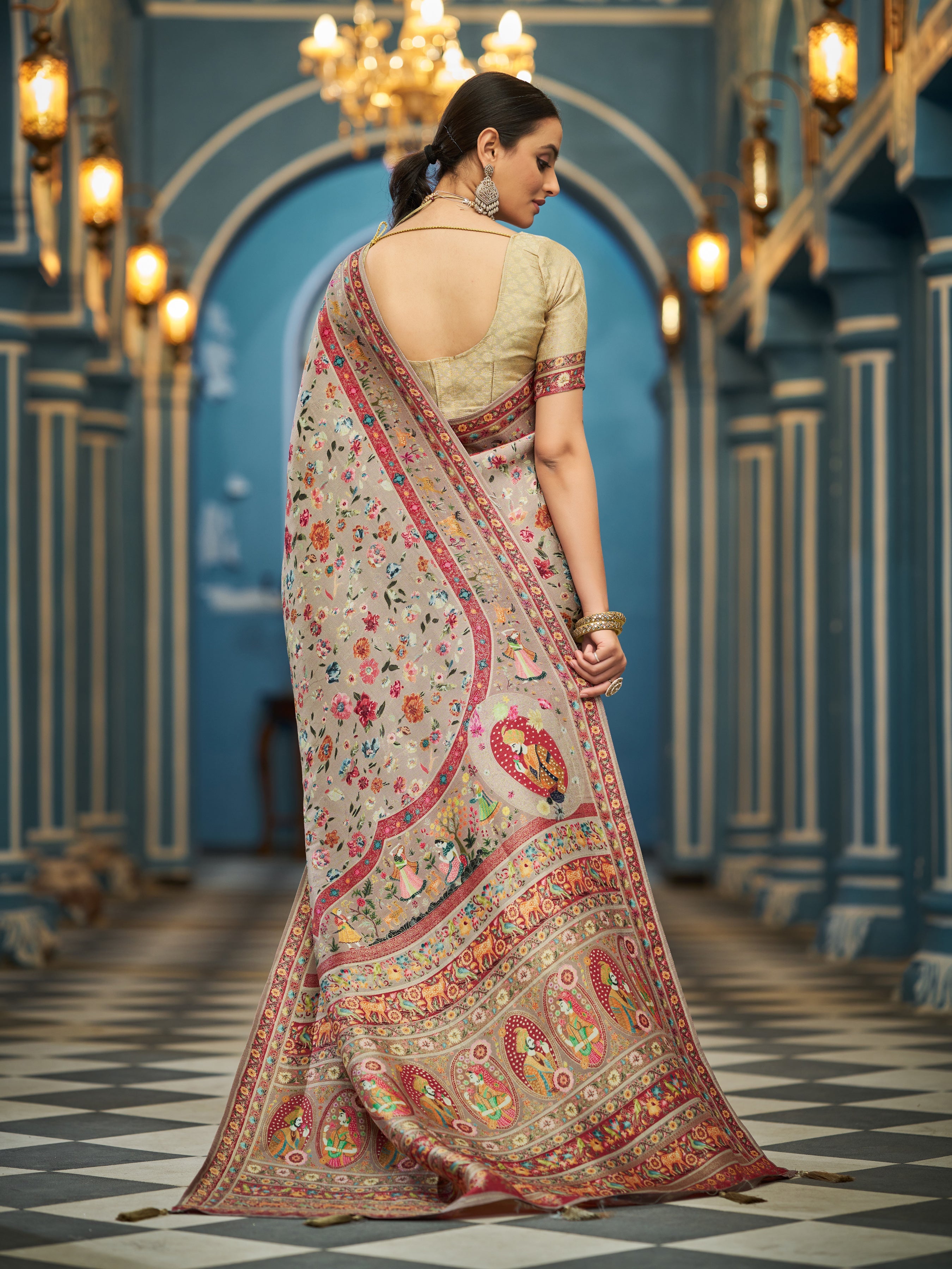 Light Brown Elegant Pashmina Kashmiri Jacquard Saree with Kalamkari & Meenakari Weaving ClothsVilla