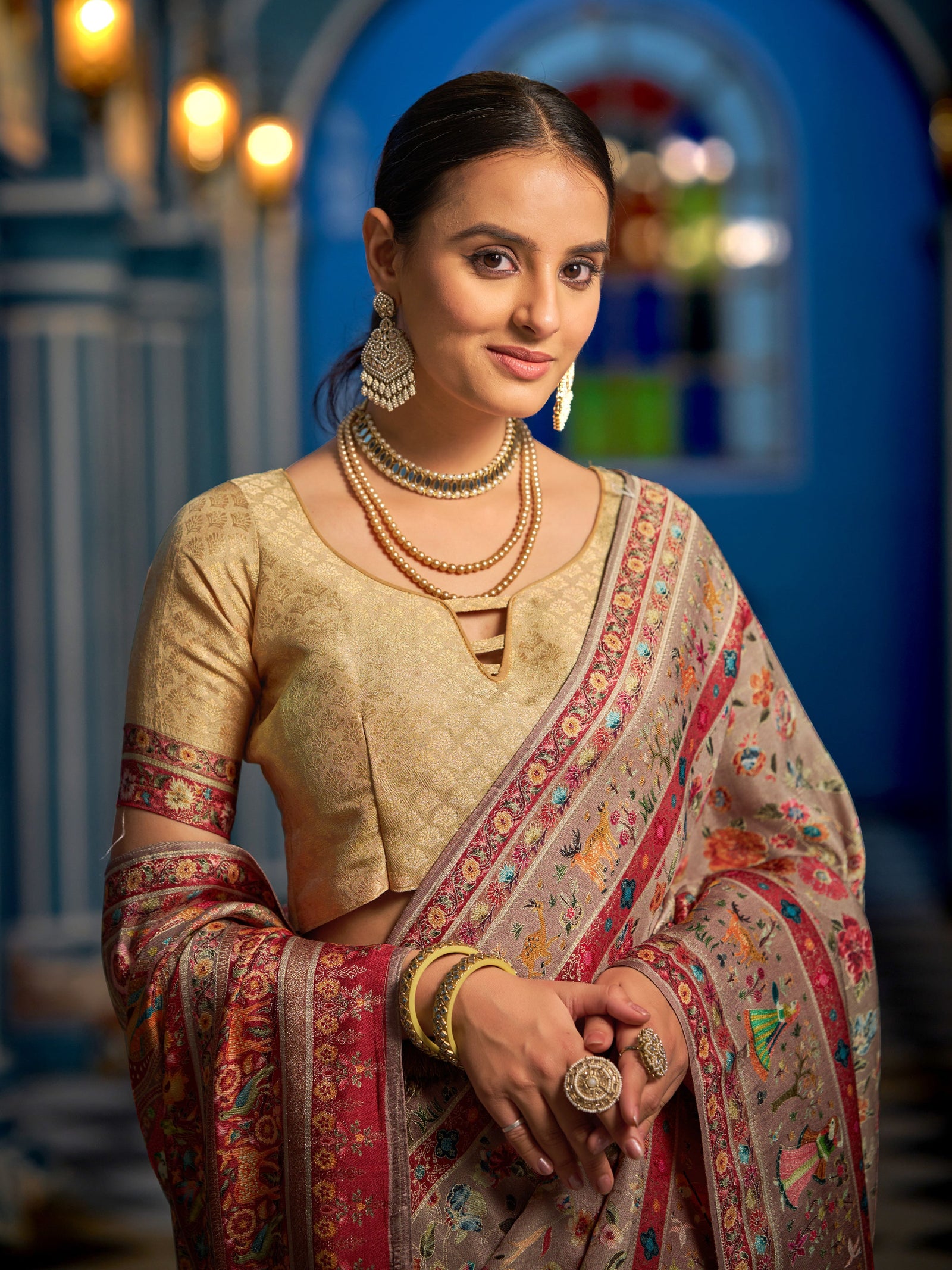 Light Brown Elegant Pashmina Kashmiri Jacquard Saree with Kalamkari & Meenakari Weaving ClothsVilla