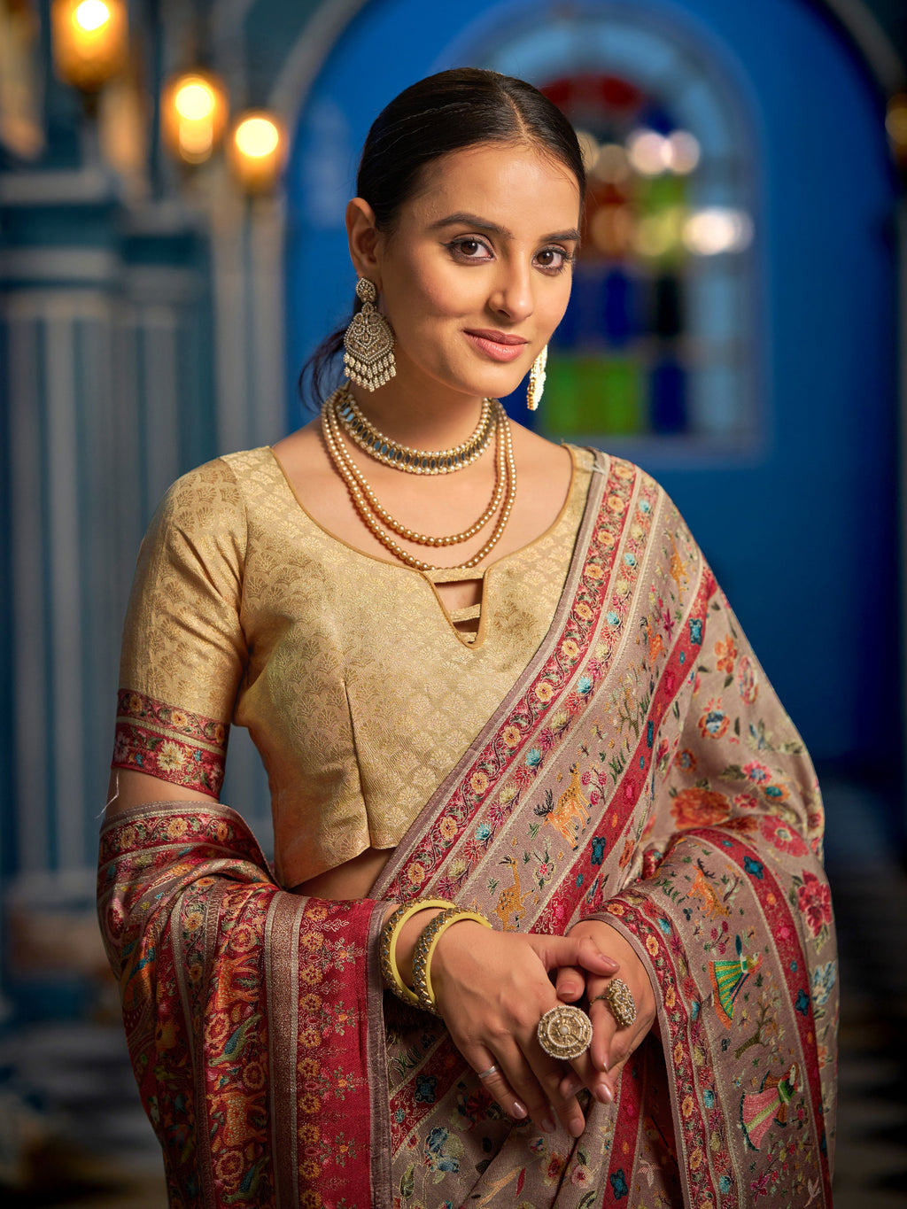 Light Brown Elegant Pashmina Kashmiri Jacquard Saree with Kalamkari & Meenakari Weaving ClothsVilla
