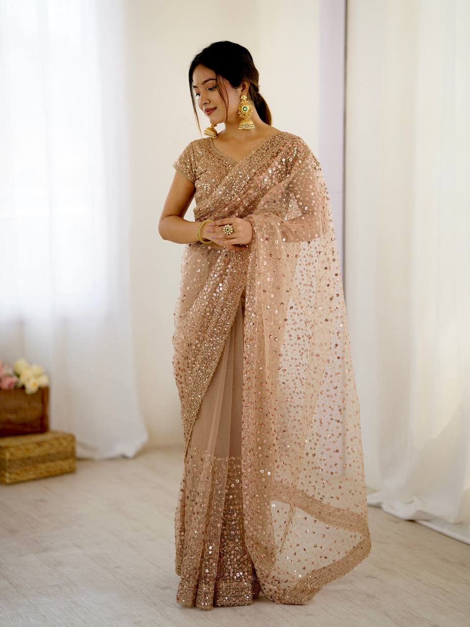 Light Brown Glitter Glamour and Everything in Between  Mesmerizing Net Saree Set Clothsvilla Main image