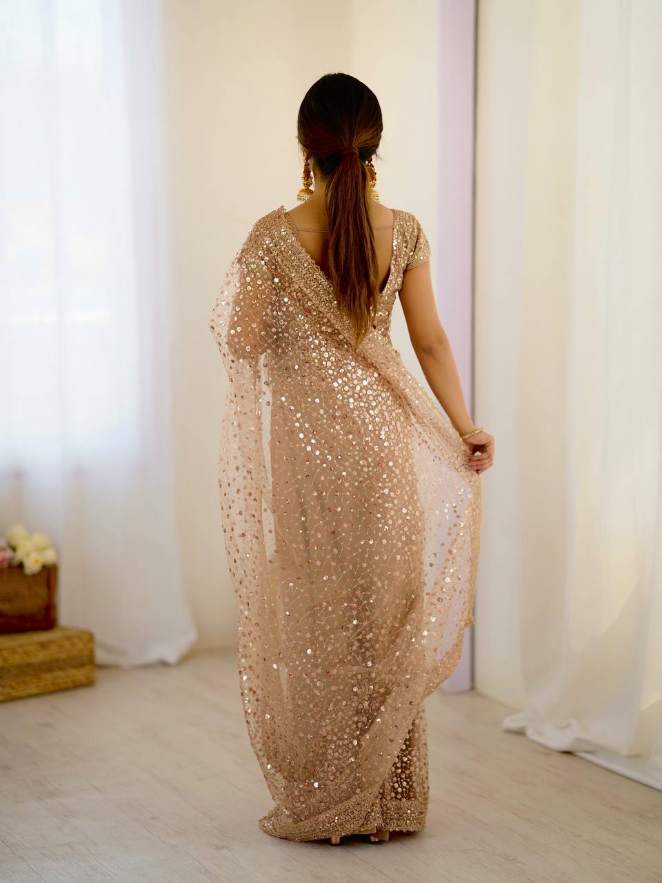 Light Brown Glitter Glamour and Everything in Between  Mesmerizing Net Saree Set Clothsvilla