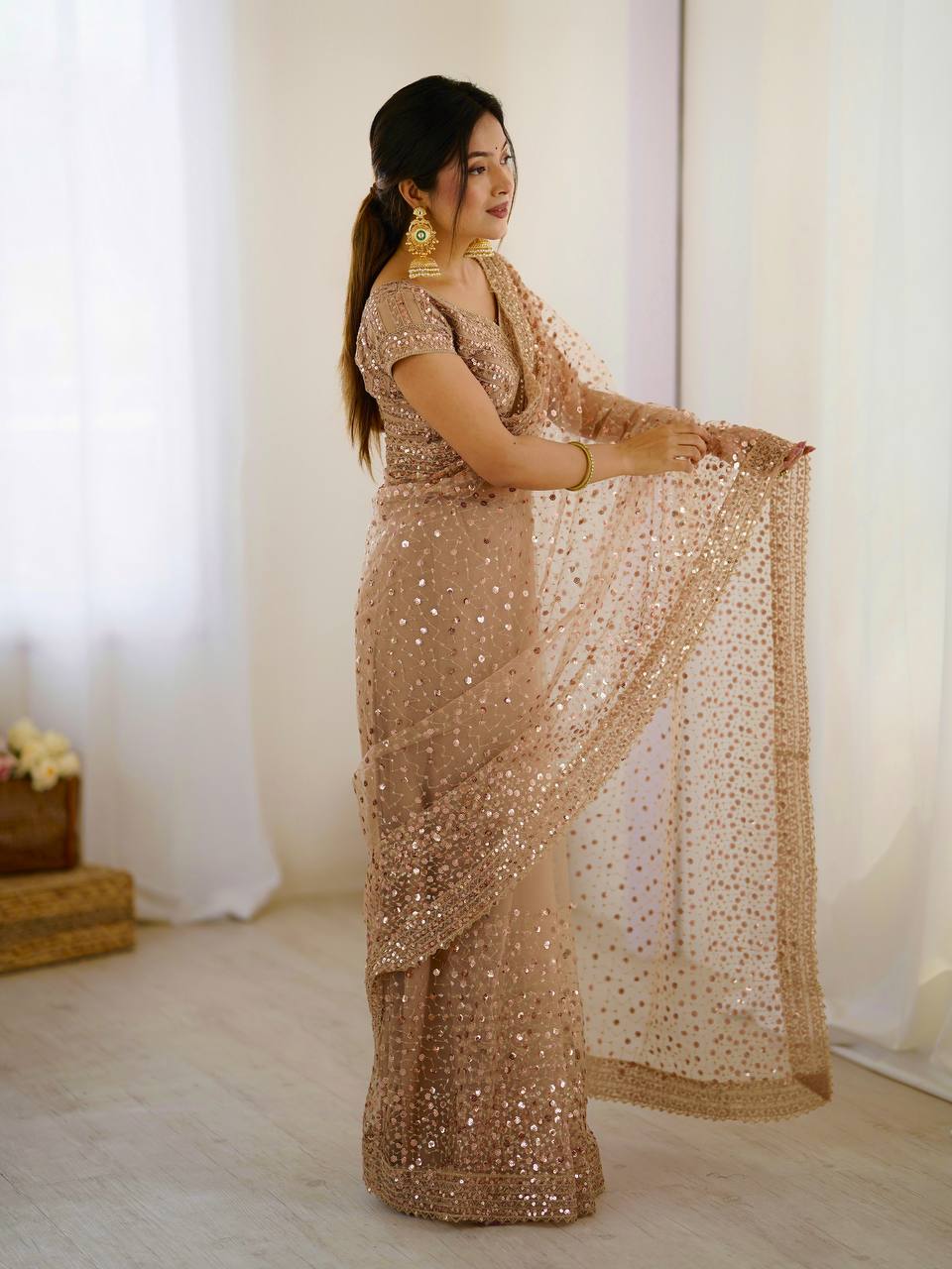 Light Brown Glitter Glamour and Everything in Between  Mesmerizing Net Saree Set Clothsvilla