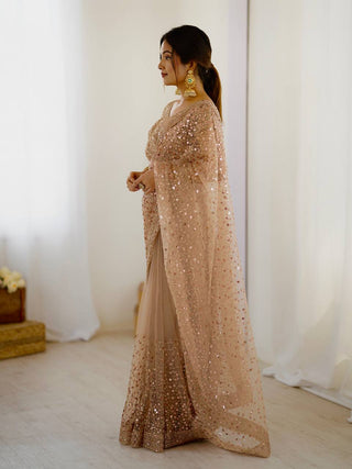 Light Brown Glitter Glamour and Everything in Between  Mesmerizing Net Saree Set Clothsvilla