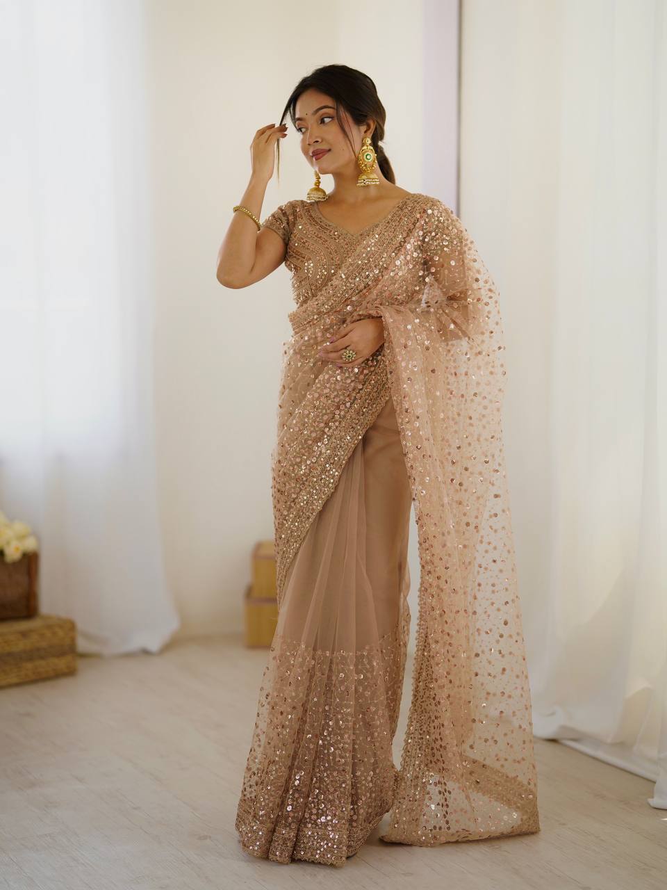 Light Brown Glitter Glamour and Everything in Between  Mesmerizing Net Saree Set Secondary image