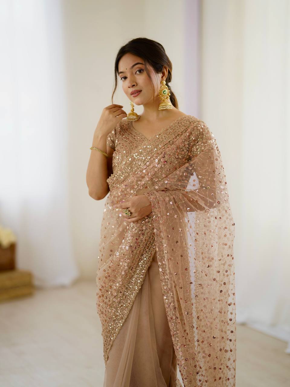 Light Brown Glitter Glamour and Everything in Between  Mesmerizing Net Saree Set Clothsvilla