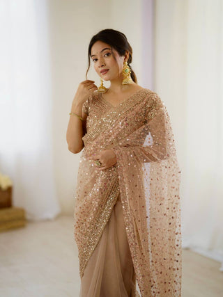 Light Brown Glitter Glamour and Everything in Between  Mesmerizing Net Saree Set Clothsvilla
