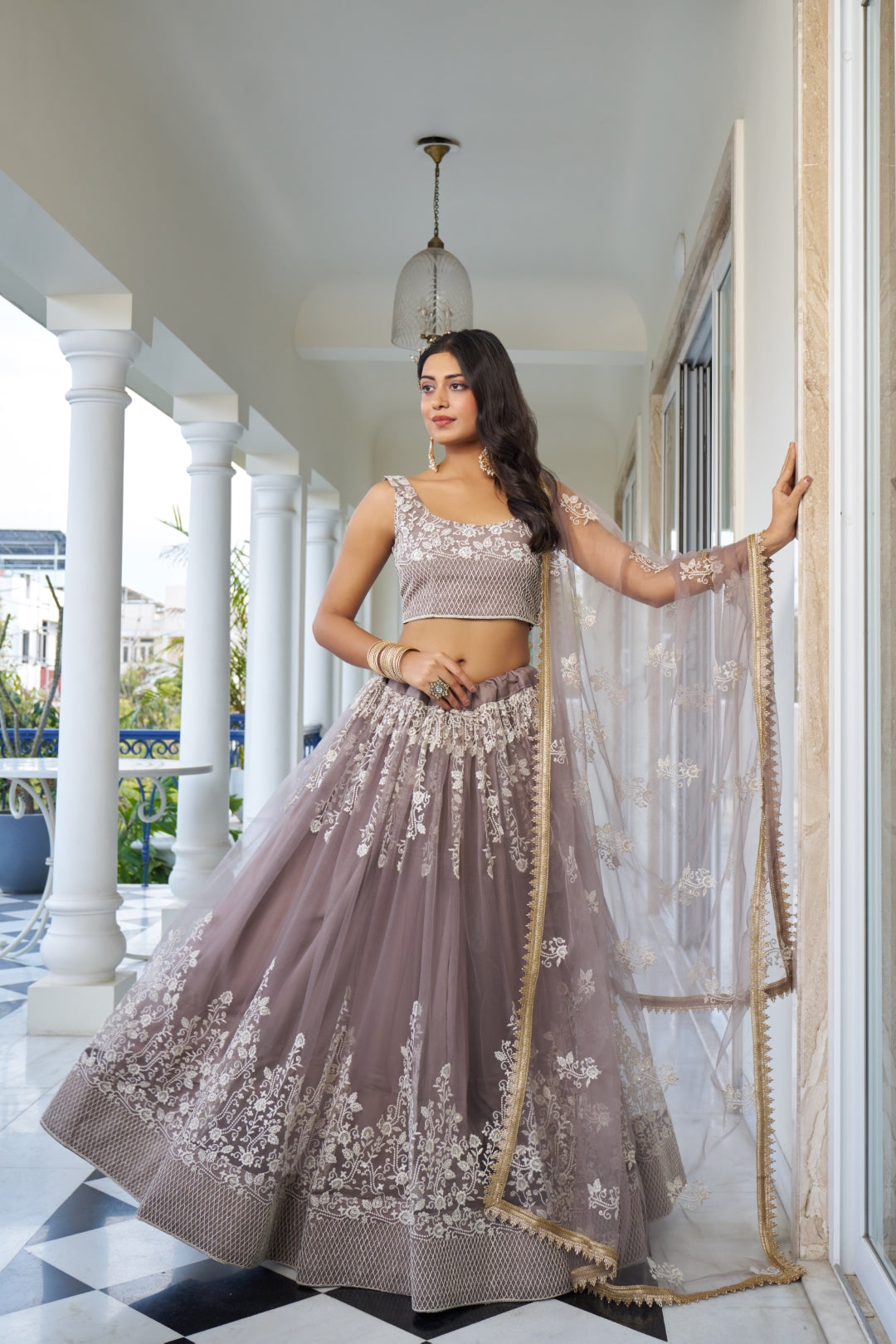 Light Dusty Brown Butterfly Net Lehenga with White Embroidery and Sequins Main image