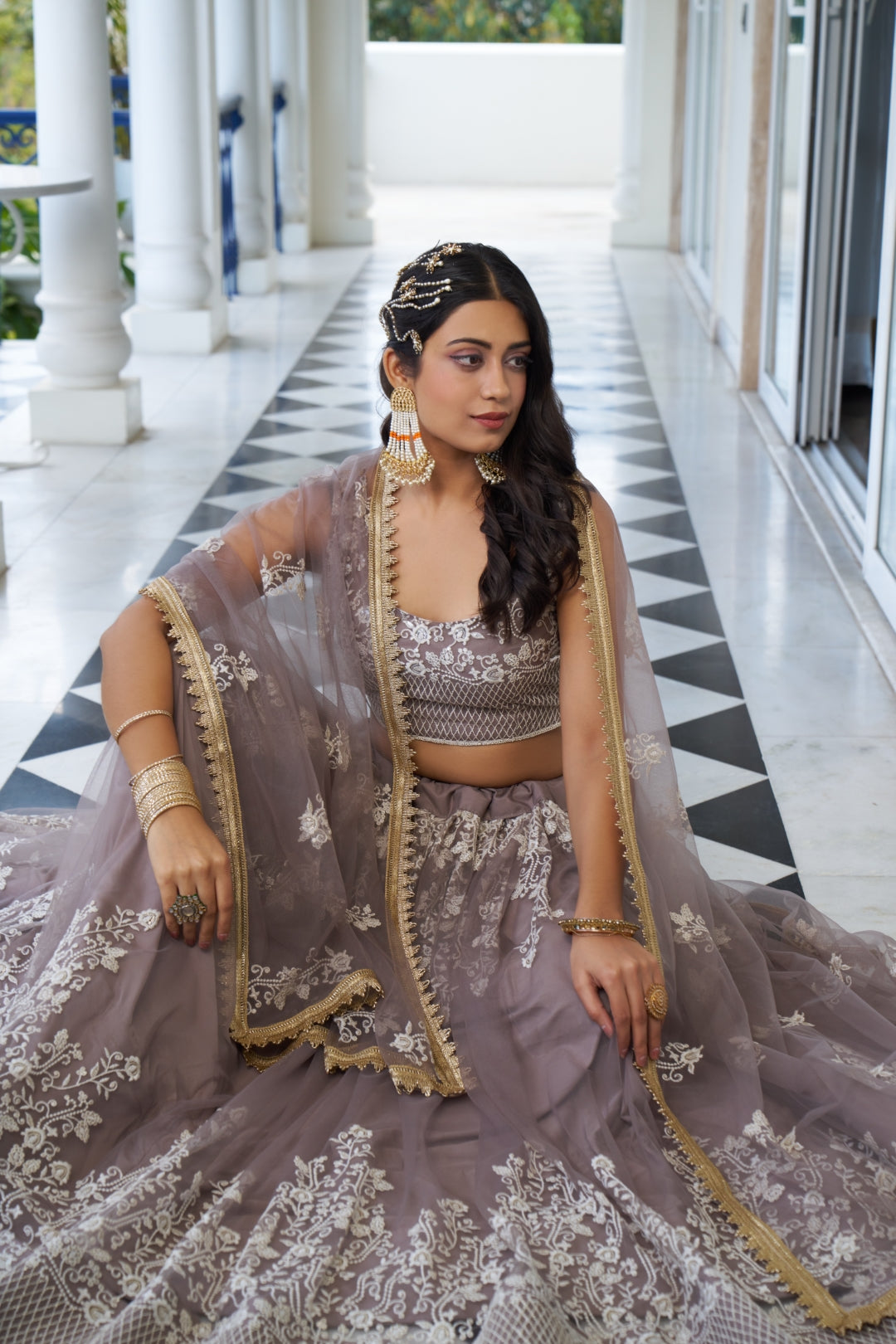 Light Dusty Brown Butterfly Net Lehenga with White Embroidery and Sequins