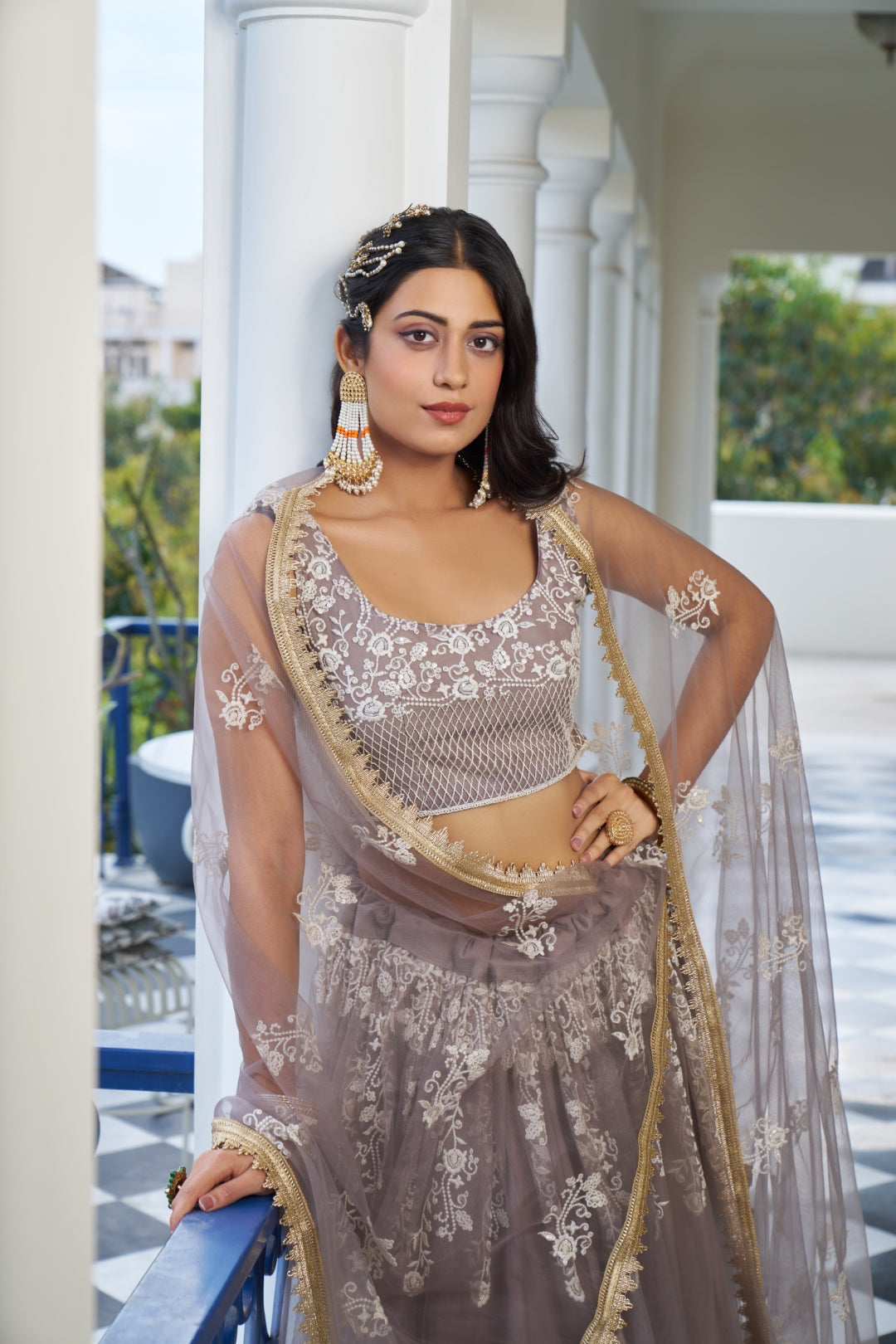 Light Dusty Brown Butterfly Net Lehenga with White Embroidery and Sequins