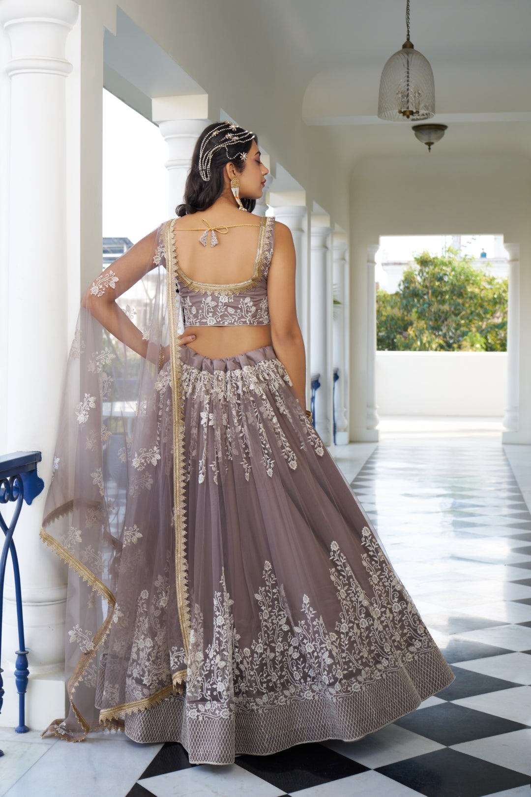 Light Dusty Brown Butterfly Net Lehenga with White Embroidery and Sequins