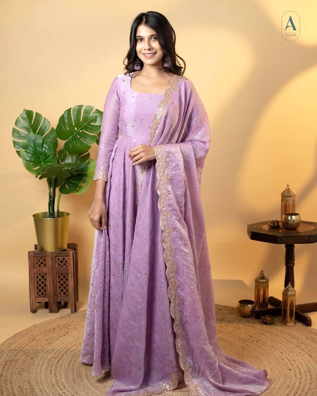 Light Dusty Mauve Elegant Designer Party Wear Fancy Umbrella Gown Set with Dupatta & Bottom