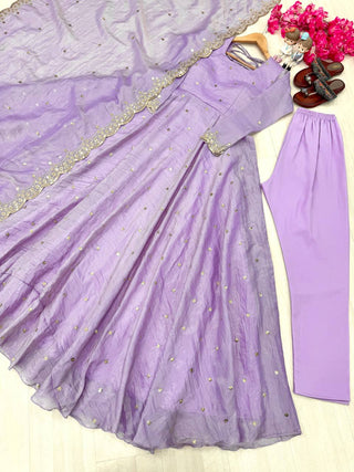 Light Dusty Mauve Elegant Designer Party Wear Fancy Umbrella Gown Set with Dupatta & Bottom
