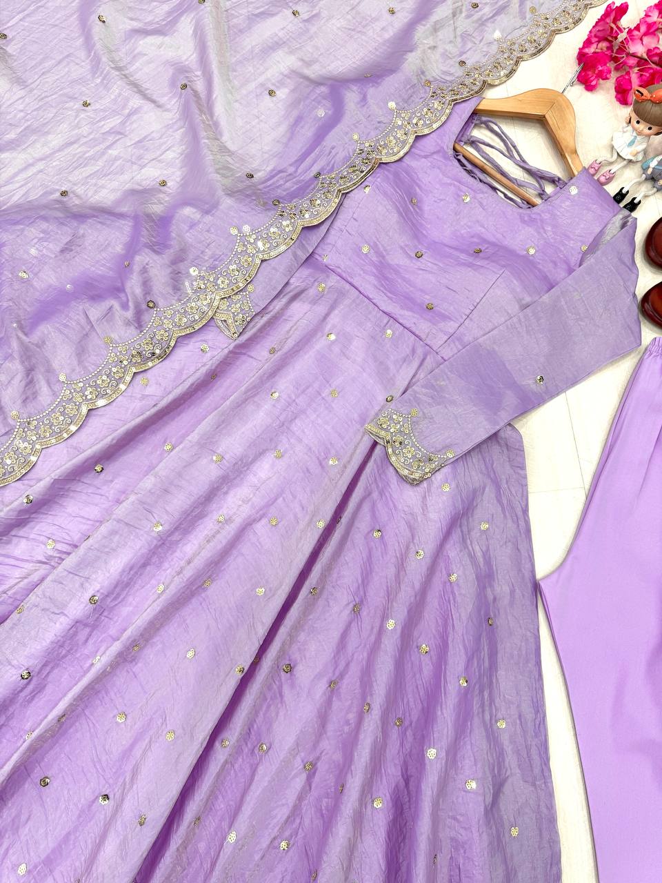 Light Dusty Mauve Elegant Designer Party Wear Fancy Umbrella Gown Set with Dupatta & Bottom