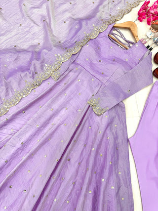Light Dusty Mauve Elegant Designer Party Wear Fancy Umbrella Gown Set with Dupatta & Bottom