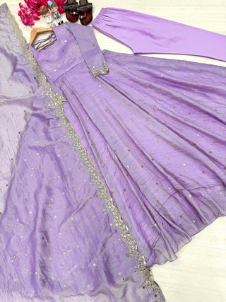 Light Dusty Mauve Elegant Designer Party Wear Fancy Umbrella Gown Set with Dupatta & Bottom