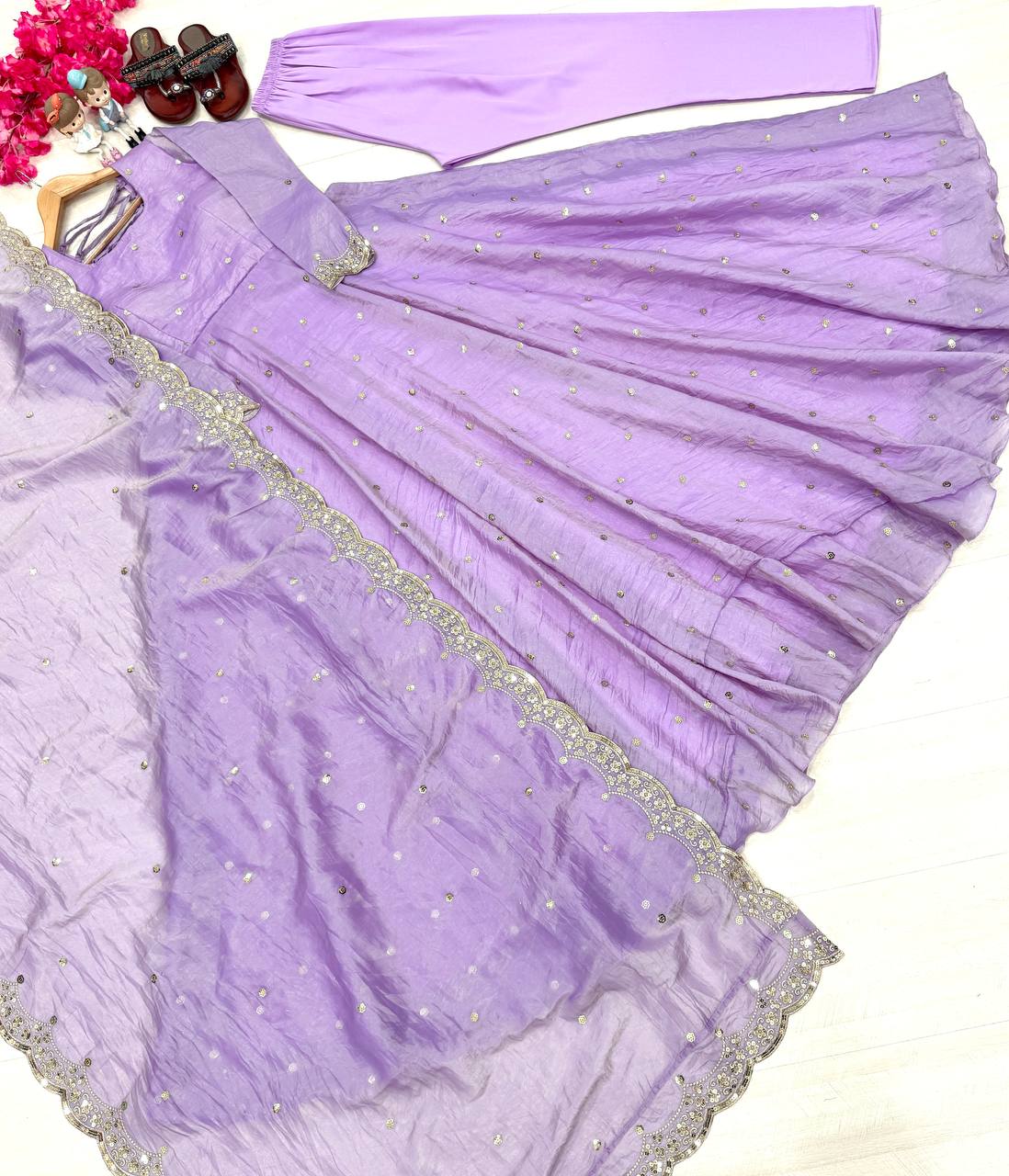 Light Dusty Mauve Elegant Designer Party Wear Fancy Umbrella Gown Set with Dupatta & Bottom