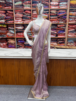 Light Dusty Mauve Elegant Ready-to-Wear Gold Crush Tissue Silk Saree with Fully Stitched Blouse - Premium Quality