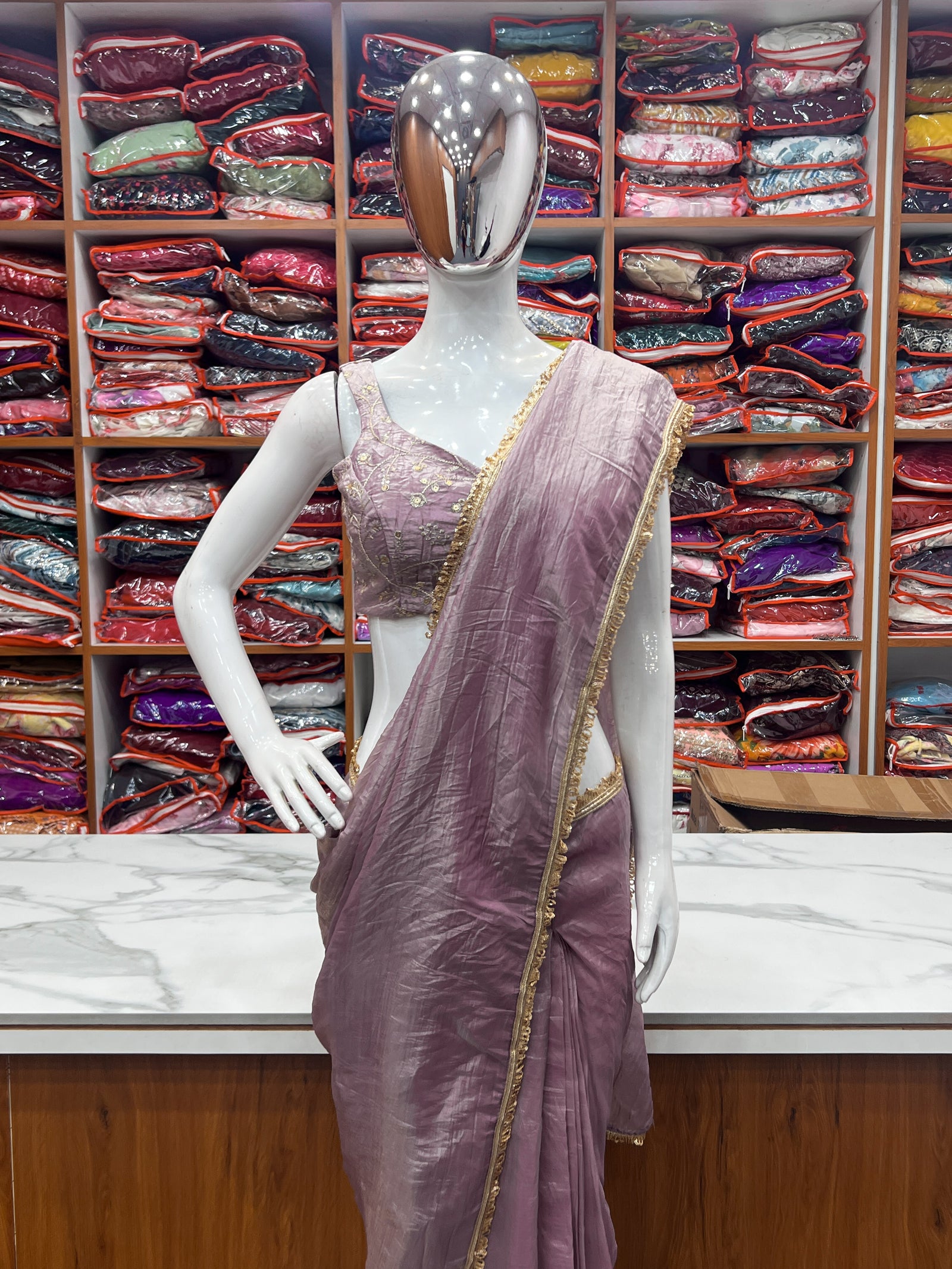 Light Dusty Mauve Elegant Ready-to-Wear Gold Crush Tissue Silk Saree with Fully Stitched Blouse - Premium Quality