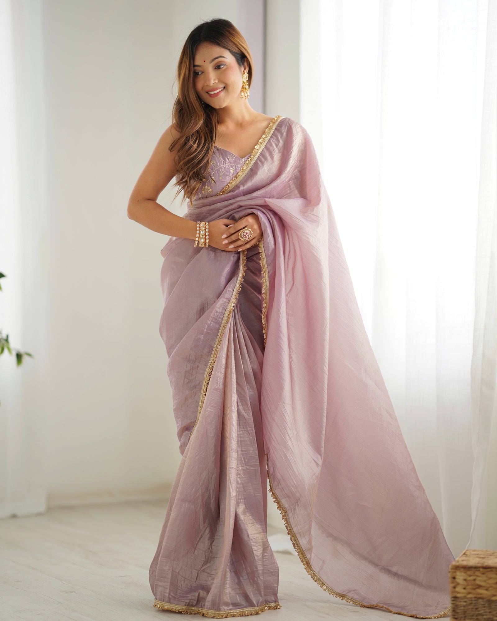 Light Dusty Mauve Elegant Ready-to-Wear Gold Crush Tissue Silk Saree with Fully Stitched Blouse - Premium Quality