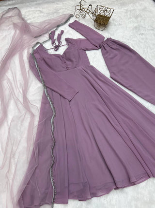 Light Dusty Mauve Graceful Fox Georgette Anarkali Set with Dupatta & Pant – Fully Stitched and Ready to Wear