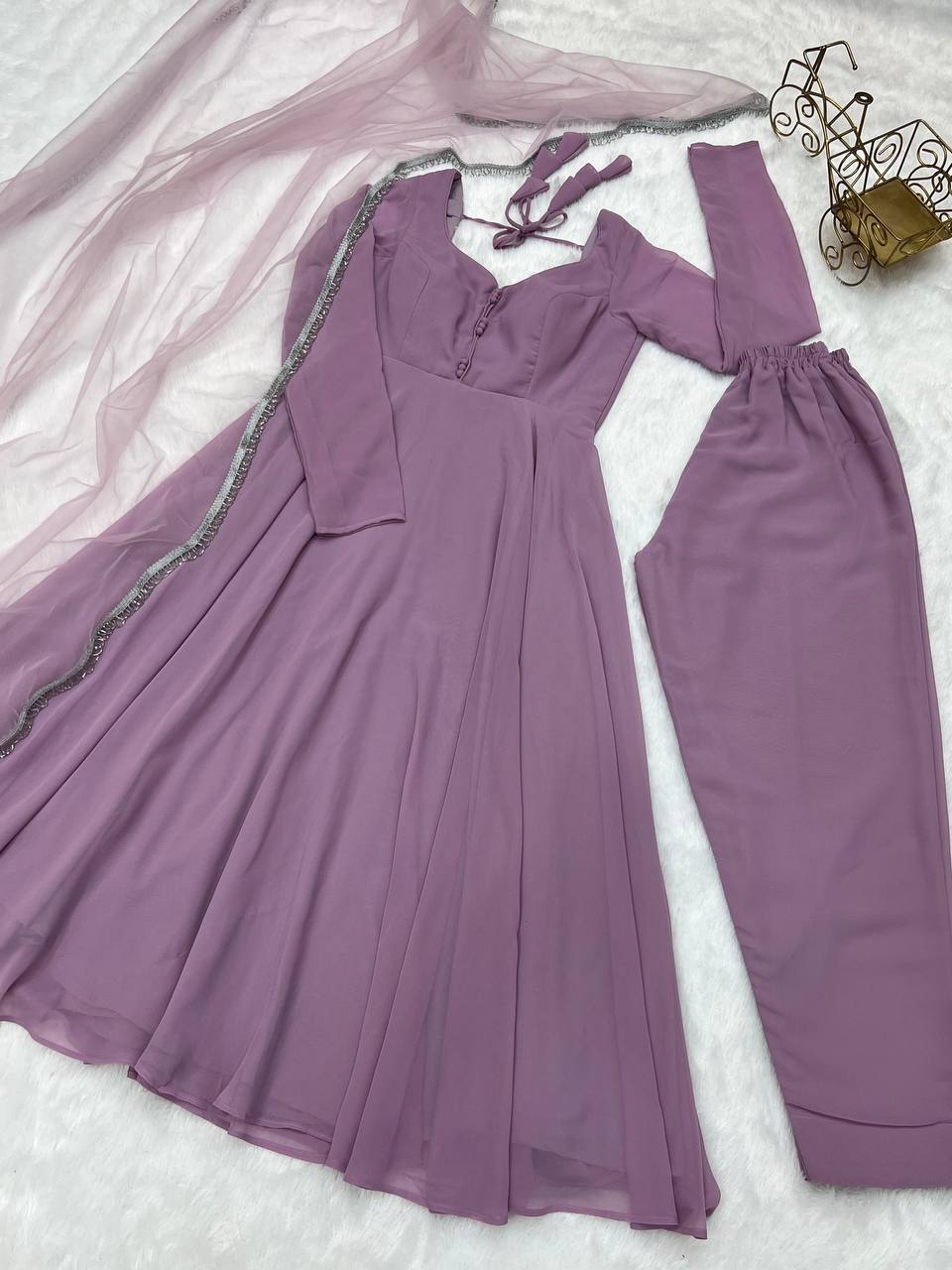 Light Dusty Mauve Graceful Fox Georgette Anarkali Set with Dupatta & Pant – Fully Stitched and Ready to Wear