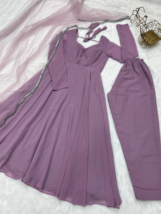 Light Dusty Mauve Graceful Fox Georgette Anarkali Set with Dupatta & Pant – Fully Stitched and Ready to Wear