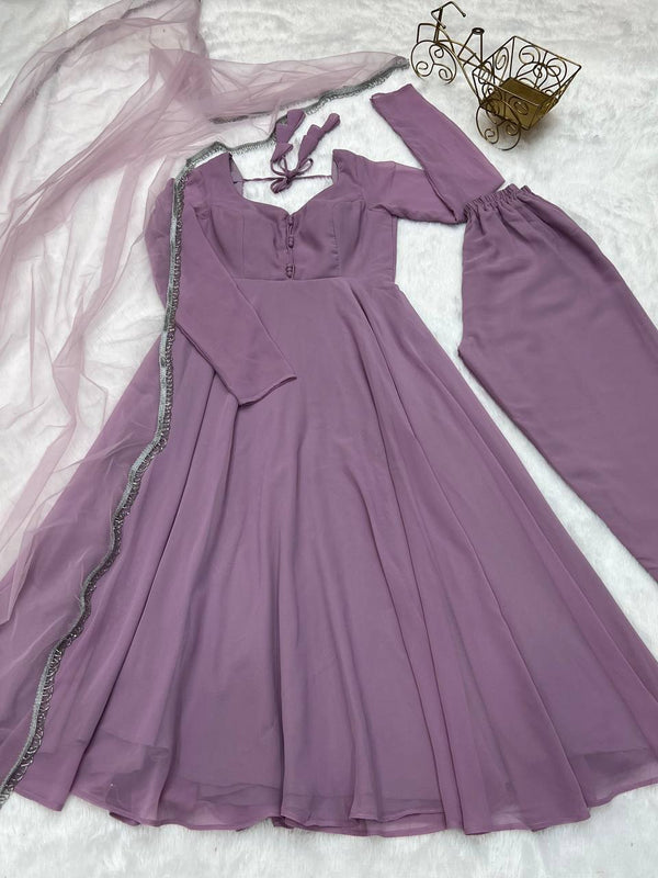 Light Dusty Mauve Graceful Fox Georgette Anarkali Set with Dupatta & Pant – Fully Stitched and Ready to Wear