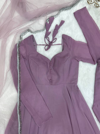 Light Dusty Mauve Graceful Fox Georgette Anarkali Set with Dupatta & Pant – Fully Stitched and Ready to Wear